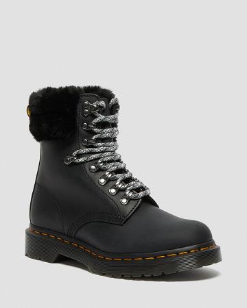 Dr Martens 1460 Serena Collar Faux Fur Forede Snørestøvler Dame Sort | DK 199CTV